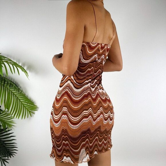 Vintage Y2K Brown 70s Style Retro Wavy Bohemian Hippie Groovy Mini Dress / S - Picture 2 of 5